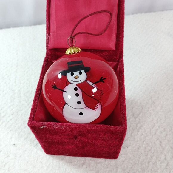 Hand Painted Glass Christmas Ornament Red Snowman in Original Velvet Gift Box - Picture 8 of 10